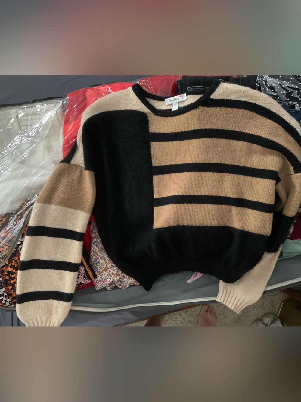 MaxMara Cashmere and Wool Black and Tan Colorblock Striped Crewneck Sweater
